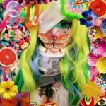 Anthea Kan - Colourful collaged image. The centre of the image contains a face, you can see one eye with a butterfly over the lips and green hair. Surrounded by objects like fruit, flowers and sweets