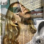 Lily Burton - Portrait of a women overlaid with black and white photos, written pages/letters, and pages from books